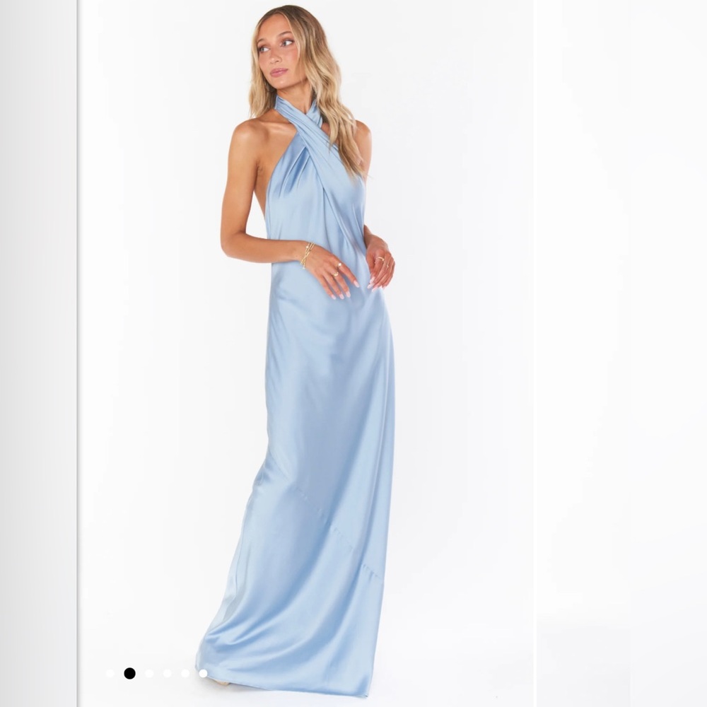Show Me Your Mumu Jasmine Halter Maxi Dress - Steele Blue Luxe Satin size S